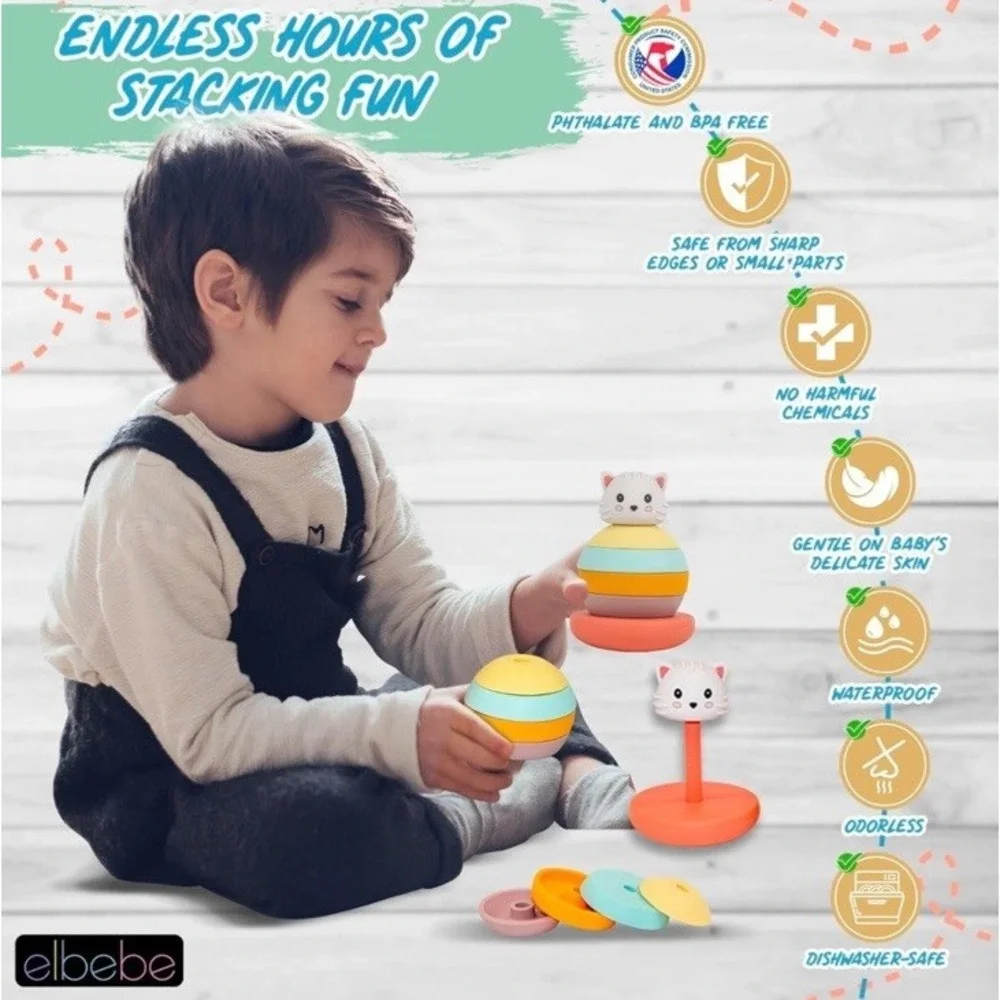 Elbebe Silicone Stackable Animal (Cat) BPA Free 6 Months-4 Years Montessori Toy‎
